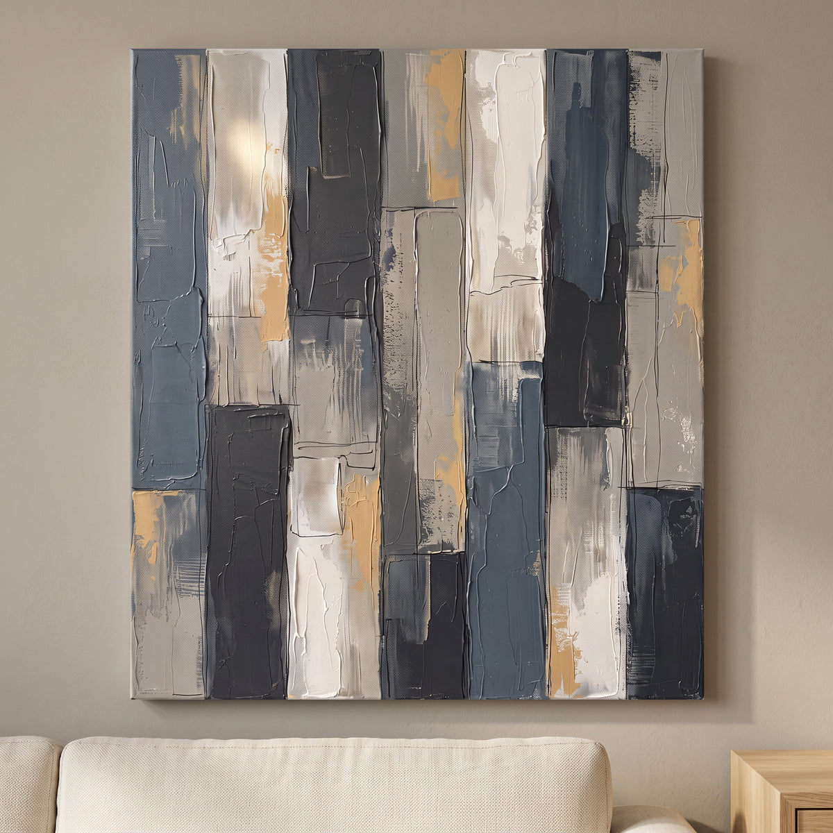 Minimalist Neutral Abstract Canvas — abstract canvas art, earth tone decor, canvas wall art shown on a wall in a styled interior, view C8 (neutral abstract) | B