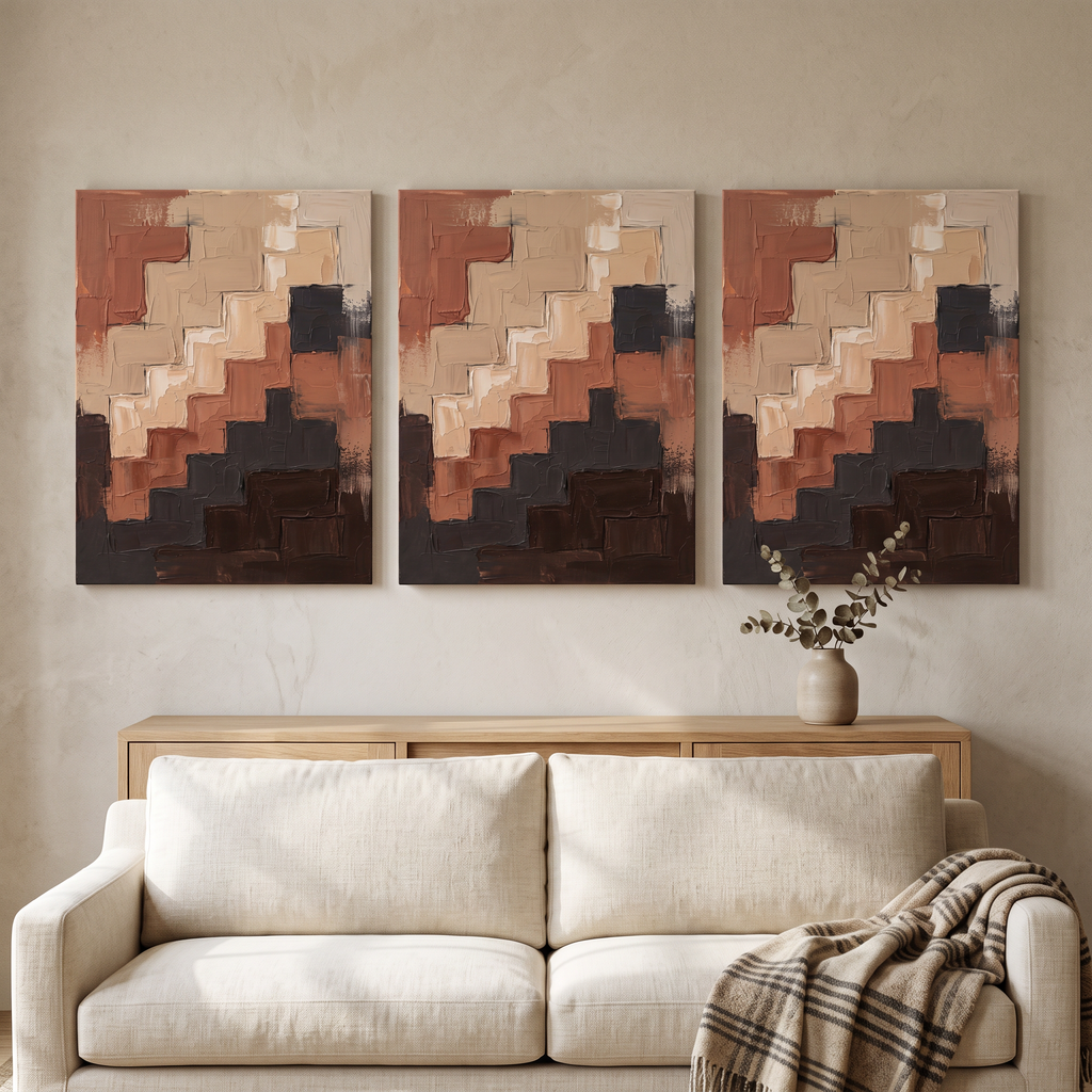 Warm Neutral Abstract Canvas Art — abstract canvas art, earth tone decor, canvas wall art shown on a wall in a styled interior, view C3 (neutral abstract) | Blo