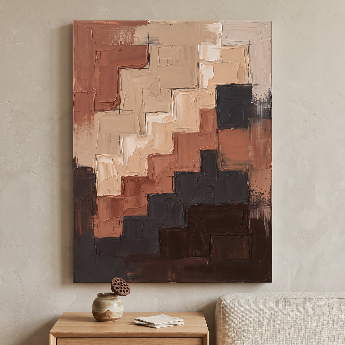 Warm Neutral Abstract Canvas Art — abstract canvas art, earth tone decor, canvas wall art shown on a wall in a styled interior, view C8 (neutral abstract) | Blo