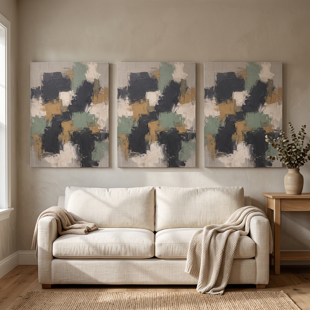 Large Modern Neutral Wall Art — abstract canvas art, dining room decor, canvas wall art shown on a wall in a styled interior, view C3 (neutral abstract) | Bloom