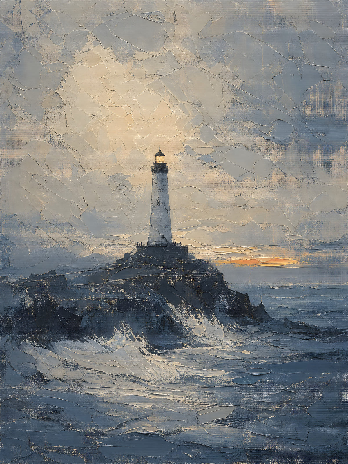 Lighthouse at Dusk Nautical Wall Art — beach house decor, coastal home decor, full artwork view, coastal seascape canvas wall art print | BloomWorld Art
