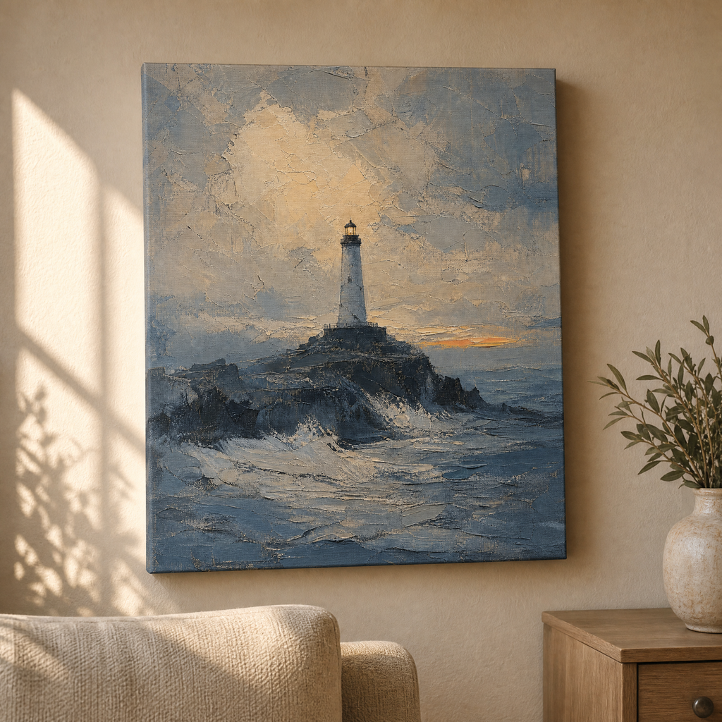 Lighthouse at Dusk Nautical Wall Art, Living Room Decor, Gift