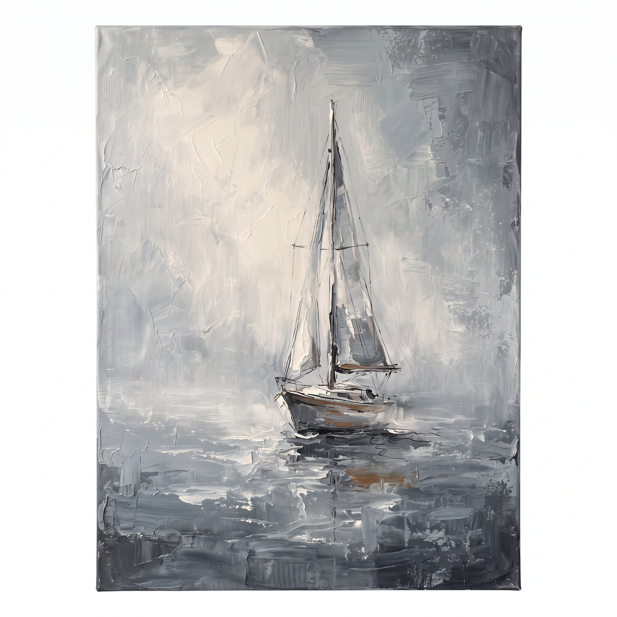 Sailboat in Sea Mist Nautical Wall Art — beach house decor, bedroom wall decor, canvas wall art shown on a wall in a styled interior, view C1 (coastal seascape)