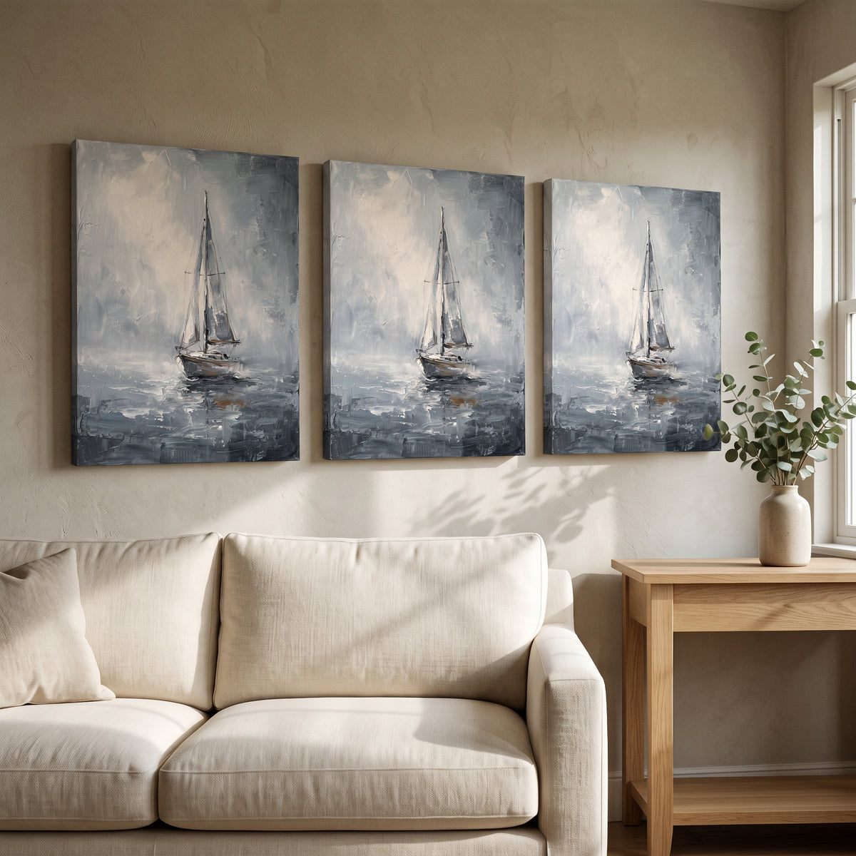 Sailboat in Sea Mist Nautical Wall Art — beach house decor, bedroom wall decor, canvas wall art shown on a wall in a styled interior, view C3 (coastal seascape)
