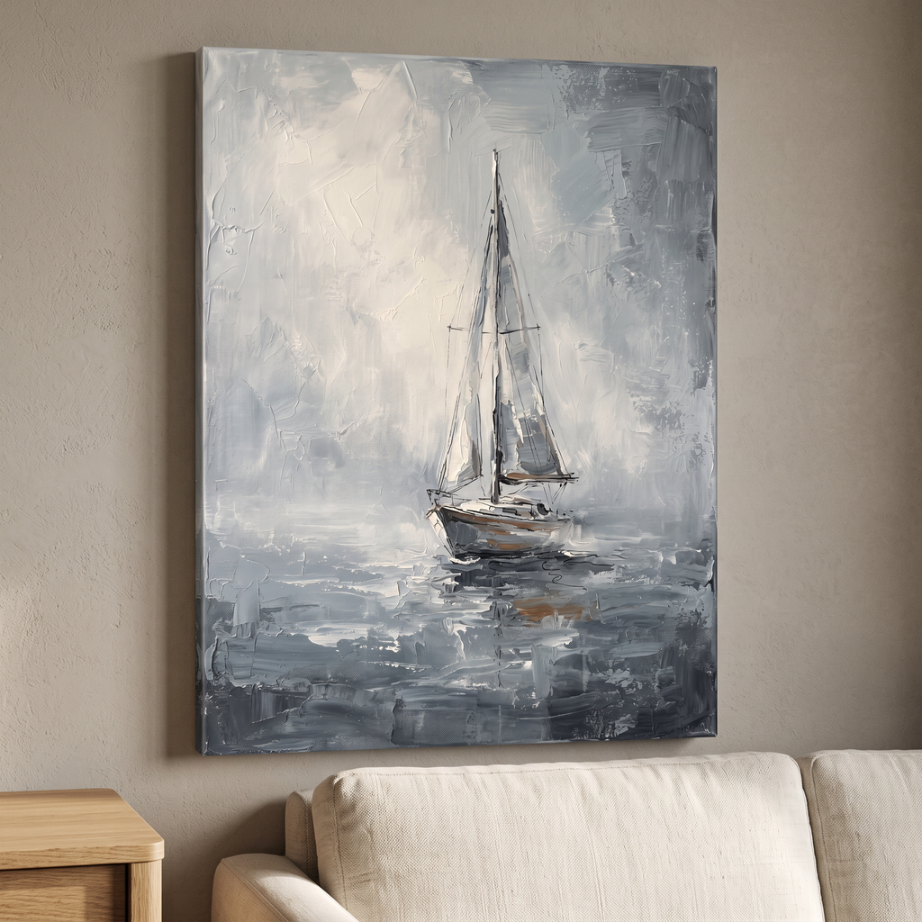 Sailboat in Sea Mist Nautical Wall Art — beach house decor, bedroom wall decor, canvas wall art shown on a wall in a styled interior, view C8 (coastal seascape)
