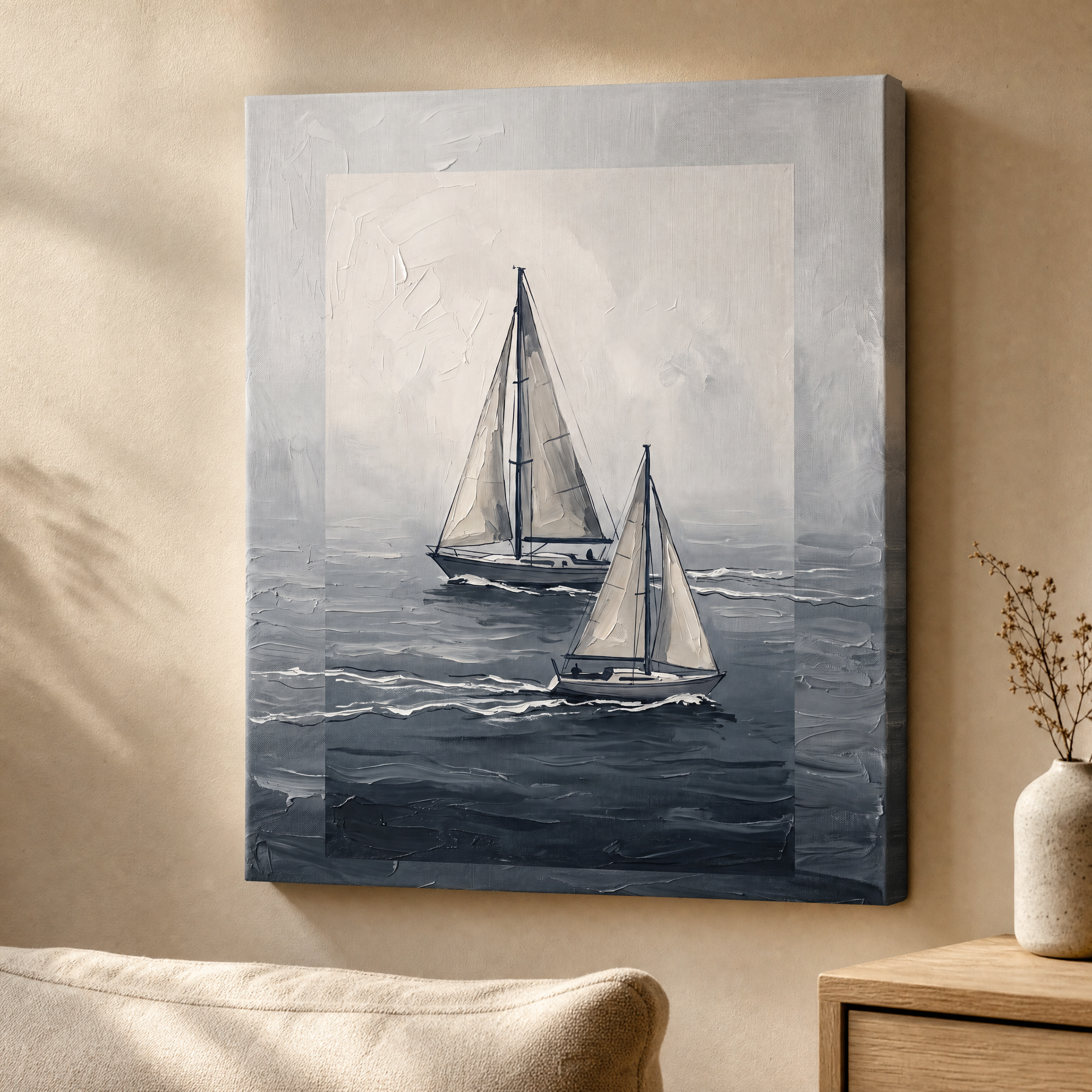 Two Sailboats in Fog Nautical Wall Decor, Bedroom Decor, Gift