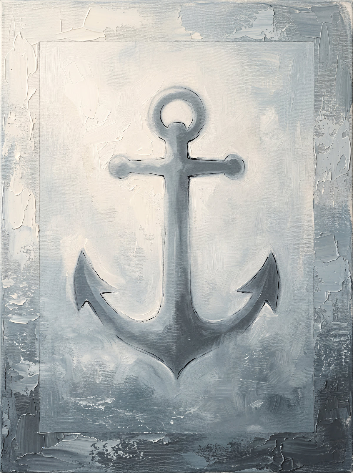 Anchor in Sea Fog Nautical Wall Art — bathroom wall art, beach house decor, full artwork view, coastal seascape canvas wall art print | BloomWorld Art