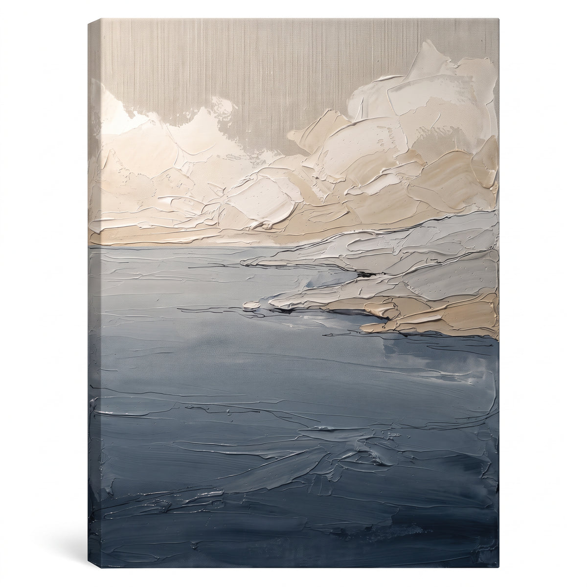 Dawn Calm Sea Seaside Bedroom Decor — beach house decor, bedroom wall decor, canvas wall art shown on a wall in a styled interior, view C1 (coastal seascape) | 