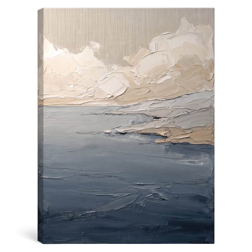 Dawn Calm Sea Seaside Bedroom Decor — beach house decor, bedroom wall decor, canvas wall art shown on a wall in a styled interior, view C1 (coastal seascape) | 