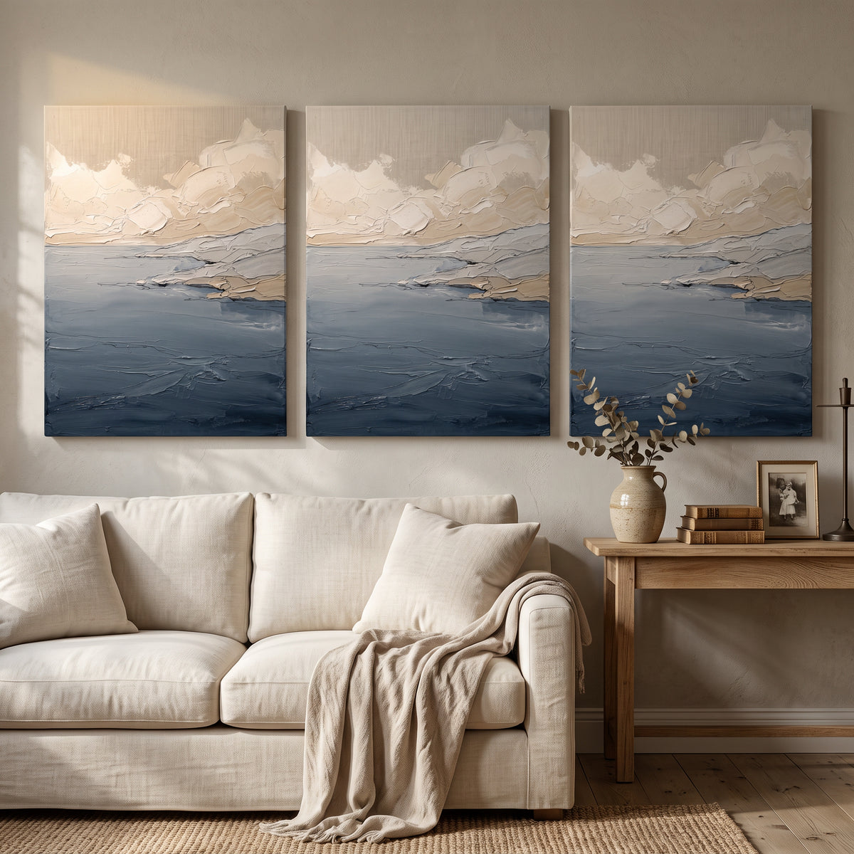 Dawn Calm Sea Seaside Bedroom Decor — beach house decor, bedroom wall decor, canvas wall art shown on a wall in a styled interior, view C3 (coastal seascape) | 