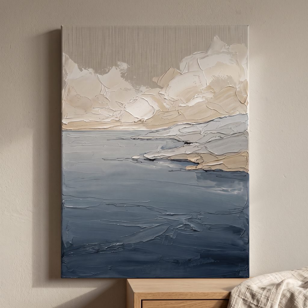 Dawn Calm Sea Seaside Bedroom Decor — beach house decor, bedroom wall decor, canvas wall art shown on a wall in a styled interior, view C8 (coastal seascape) | 