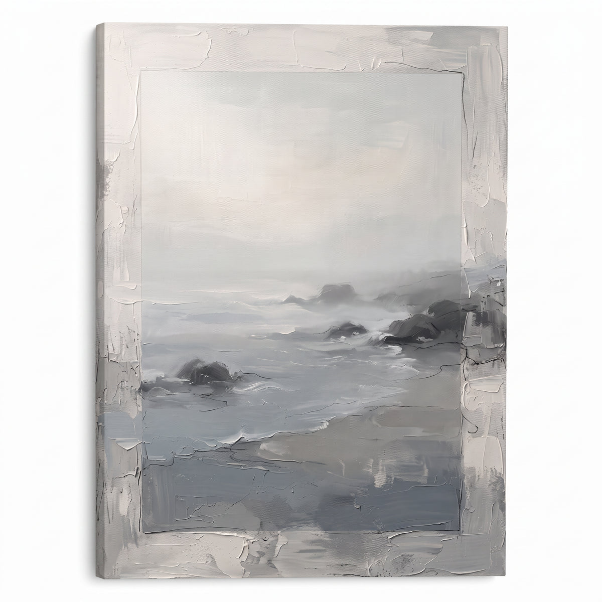 Mist over Still Sea Seaside Wall Art — bathroom wall art, beach house decor, canvas wall art shown on a wall in a styled interior, view C1 (coastal seascape) | 