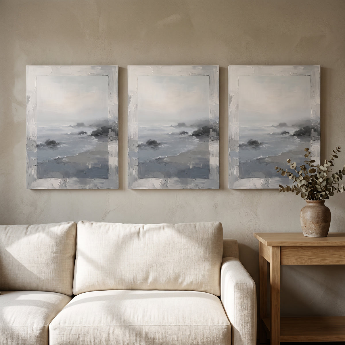 Mist over Still Sea Seaside Wall Art — bathroom wall art, beach house decor, canvas wall art shown on a wall in a styled interior, view C3 (coastal seascape) | 