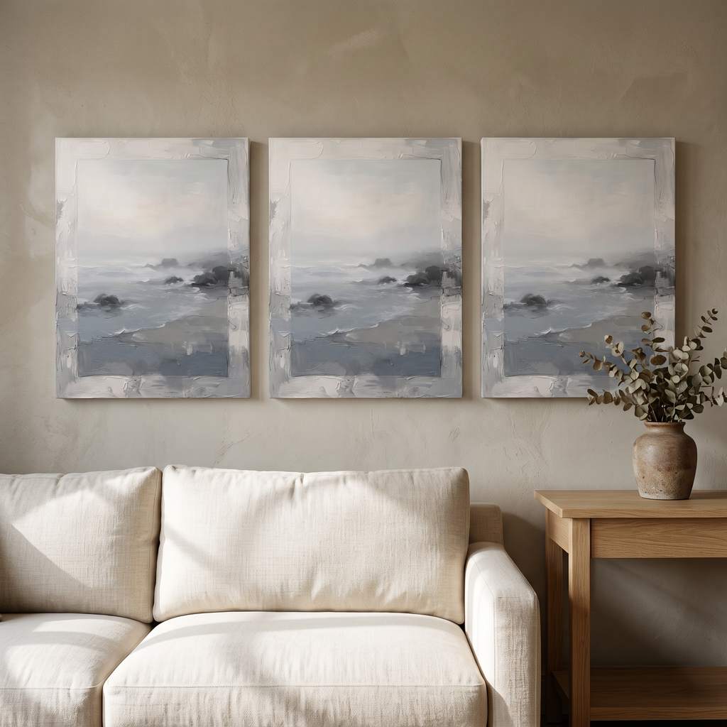 Mist over Still Sea Seaside Wall Art — bathroom wall art, beach house decor, canvas wall art shown on a wall in a styled interior, view C3 (coastal seascape) | 