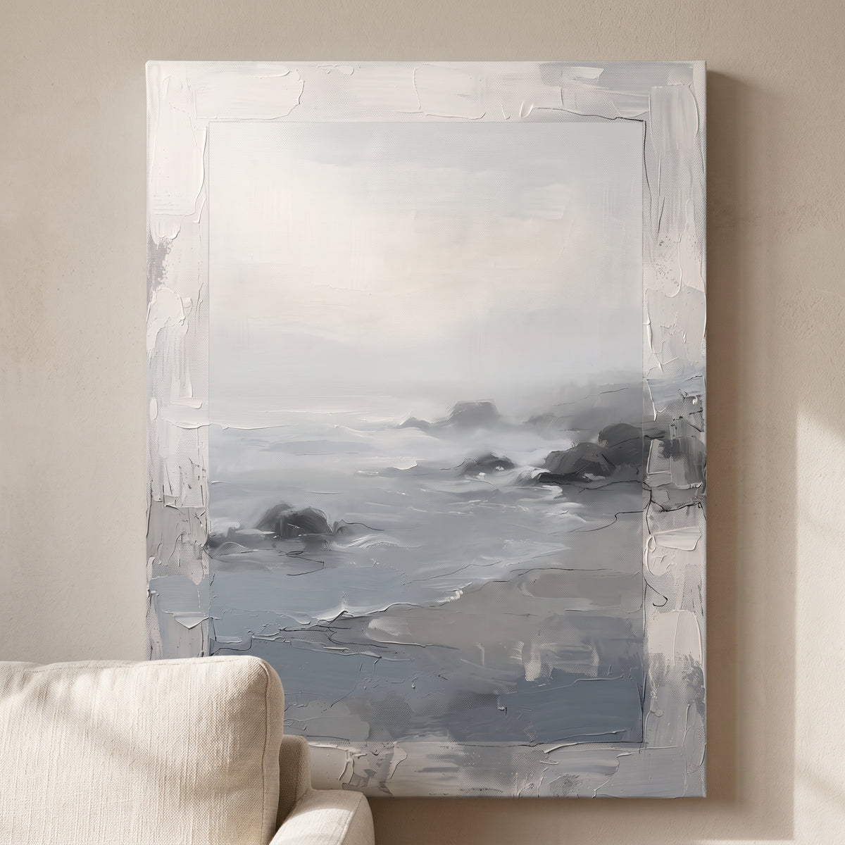 Mist over Still Sea Seaside Wall Art — bathroom wall art, beach house decor, canvas wall art shown on a wall in a styled interior, view C8 (coastal seascape) | 
