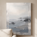 Mist over Still Sea Seaside Wall Art — bathroom wall art, beach house decor, canvas wall art shown on a wall in a styled interior, view C8 (coastal seascape) | 