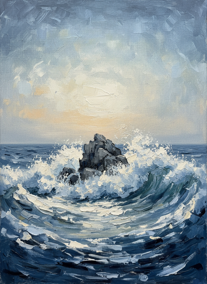 Lone Rock Waves Large Seascape Canvas Paintings, Living Room Decor, Gift