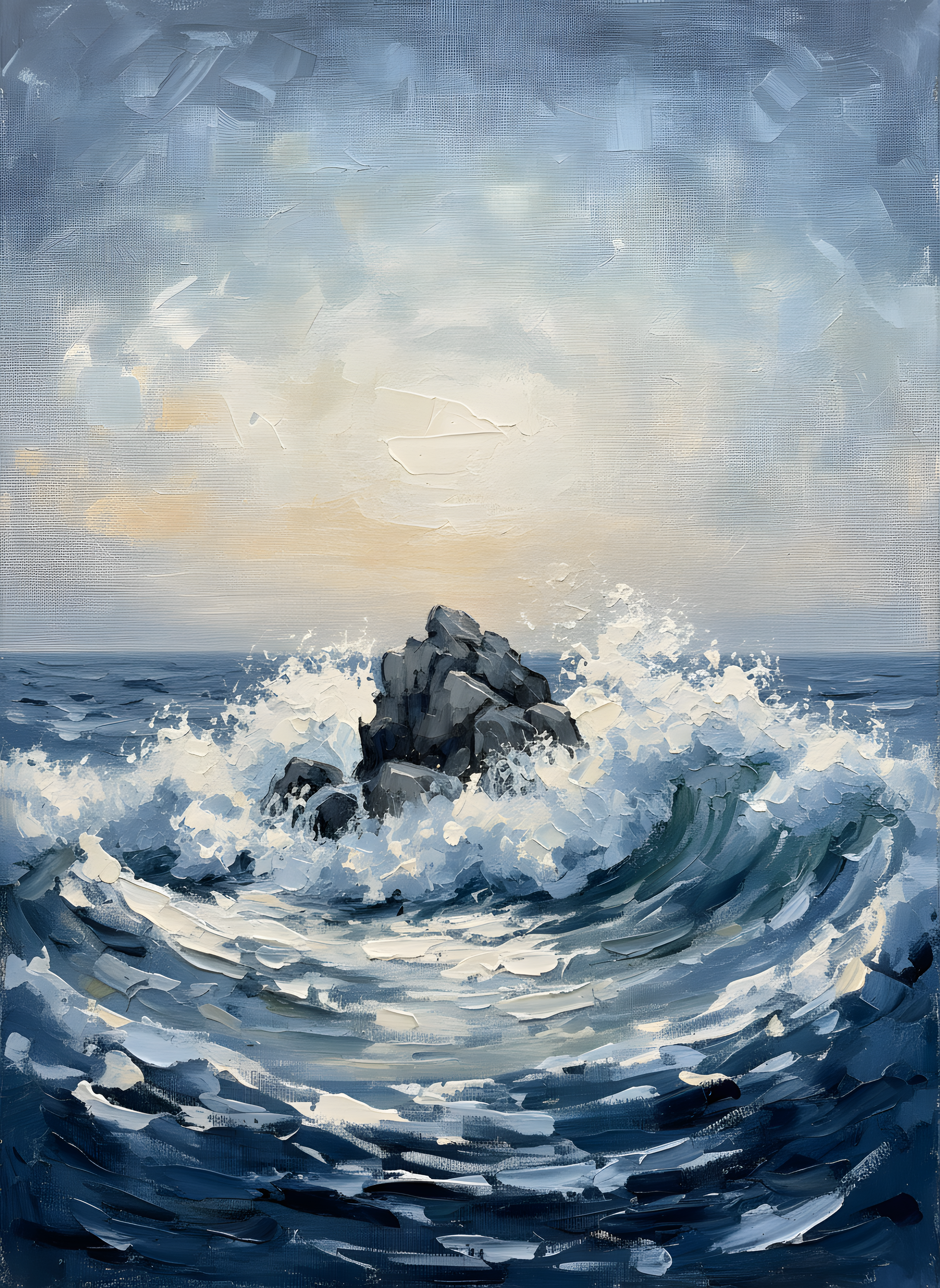 Lone Rock Waves Large Seascape Canvas Paintings, Living Room Decor, Gift