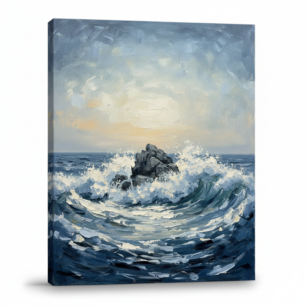 Lone Rock Waves Large Seascape Canvas Paintings, Living Room Decor, Gift