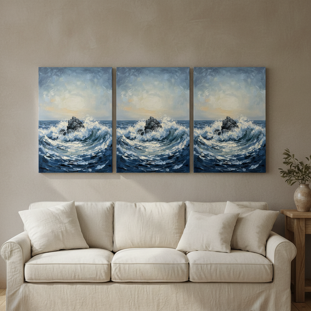 Lone Rock Waves Large Seascape Canvas Paintings, Living Room Decor, Gift