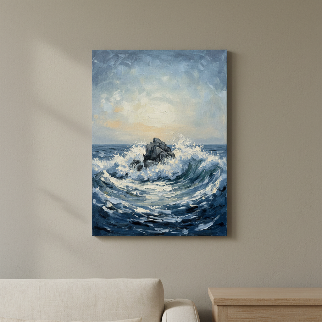 Lone Rock Waves Large Seascape Canvas Paintings, Living Room Decor, Gift