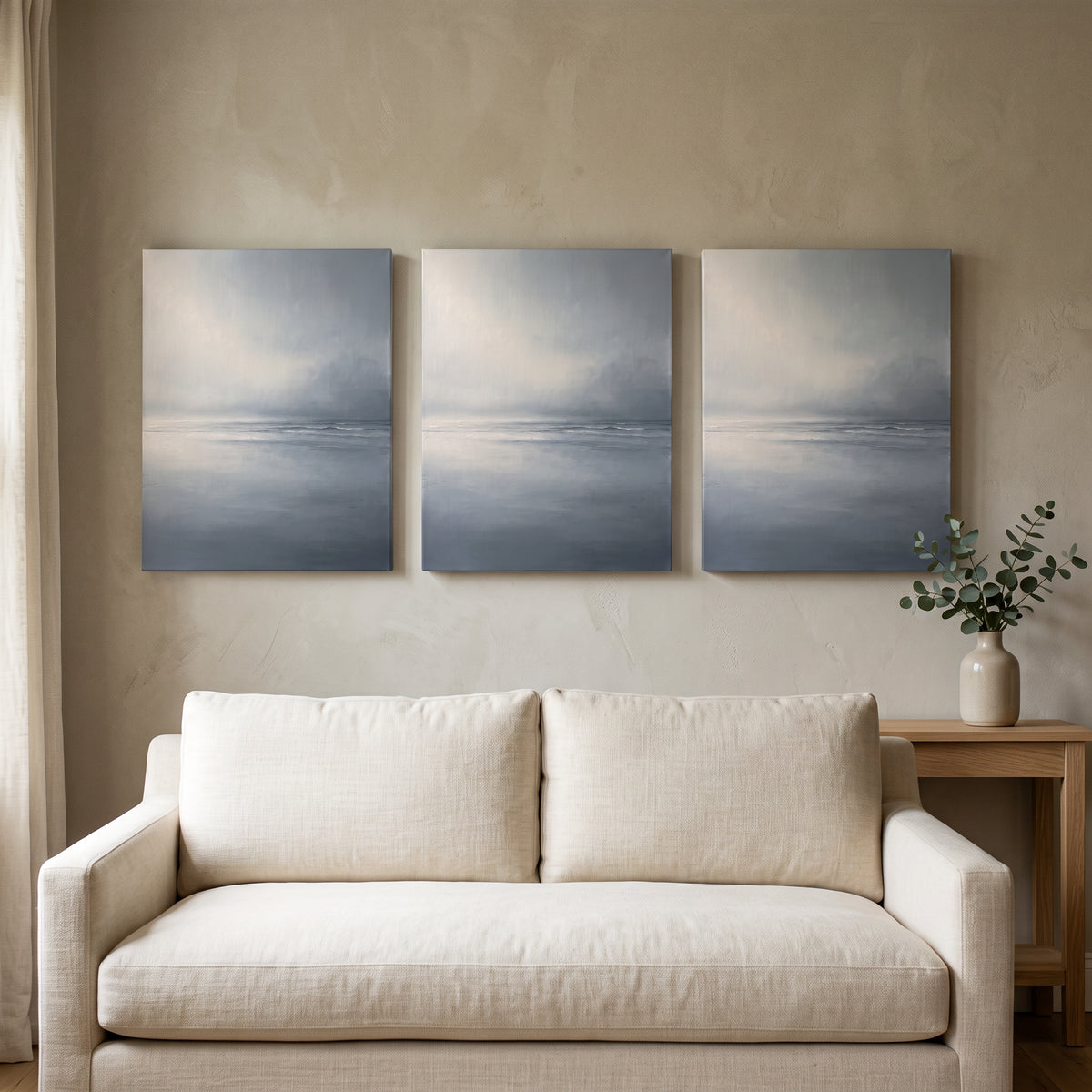 Thin Horizon Seascape Wall Art — bathroom wall art, beach house decor, canvas wall art shown on a wall in a styled interior, view C3 (coastal seascape) | BloomW