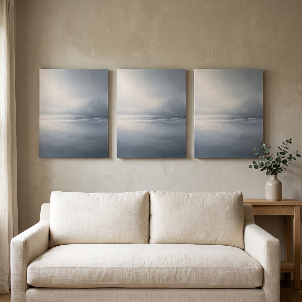 Thin Horizon Seascape Wall Art — bathroom wall art, beach house decor, canvas wall art shown on a wall in a styled interior, view C3 (coastal seascape) | BloomW