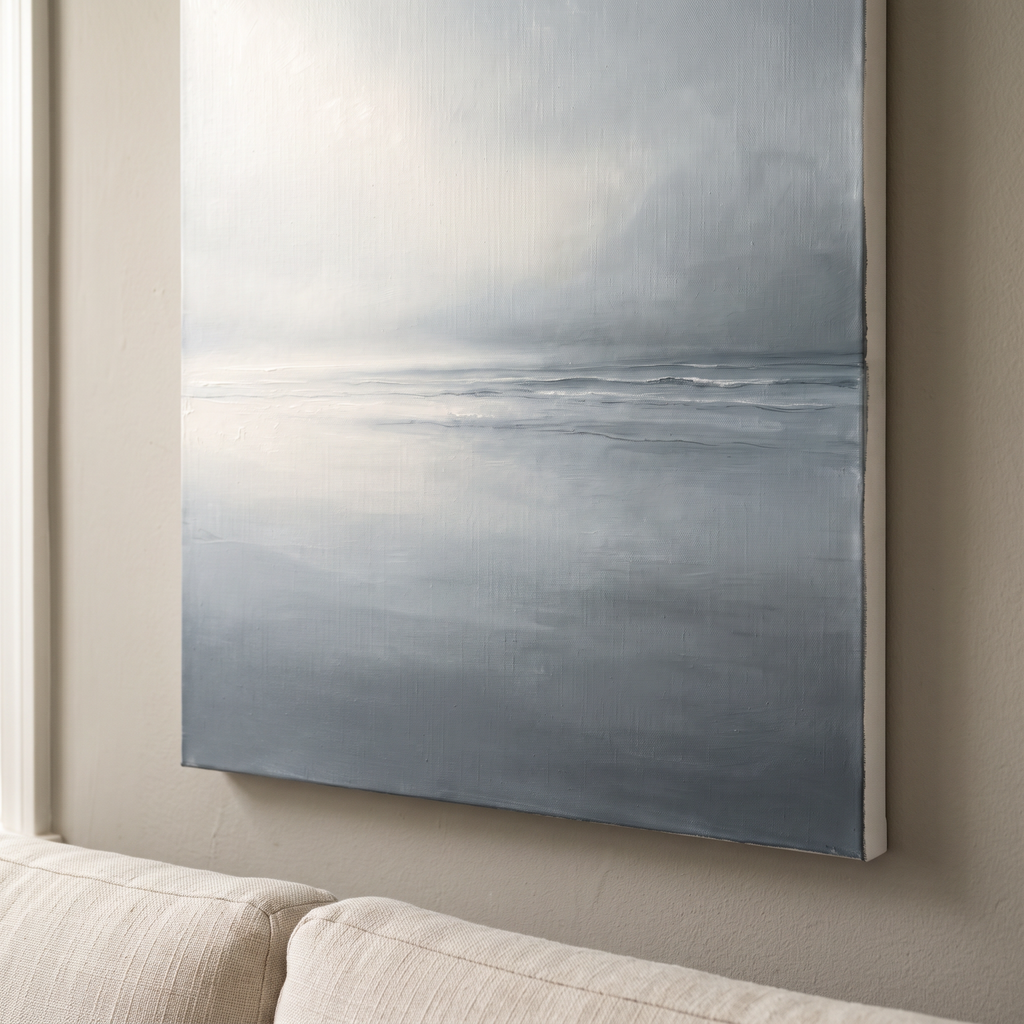 Thin Horizon Seascape Wall Art — bathroom wall art, beach house decor, canvas wall art shown on a wall in a styled interior, view C8 (coastal seascape) | BloomW
