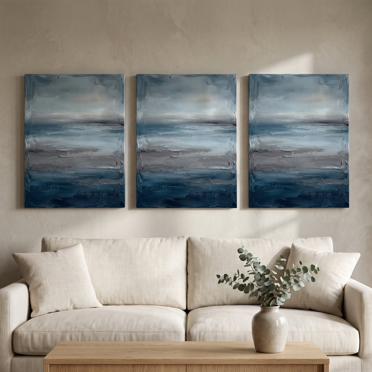 Abstract Ocean Bands Large Seascape Canvas — beach house decor, coastal home decor, canvas wall art shown on a wall in a styled interior, view C3 (coastal seasc