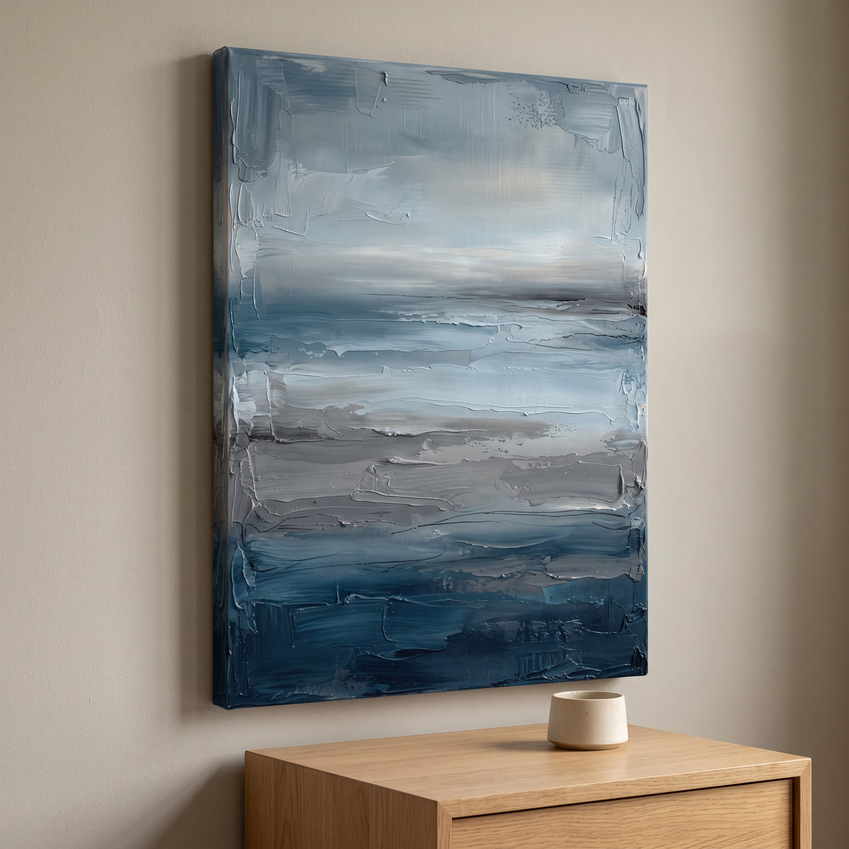 Abstract Ocean Bands Large Seascape Canvas — beach house decor, coastal home decor, canvas wall art shown on a wall in a styled interior, view C8 (coastal seasc