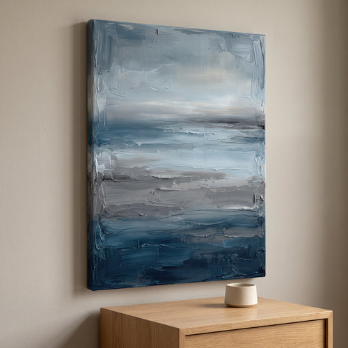 Abstract Ocean Bands Large Seascape Canvas — beach house decor, coastal home decor, canvas wall art shown on a wall in a styled interior, view C8 (coastal seasc
