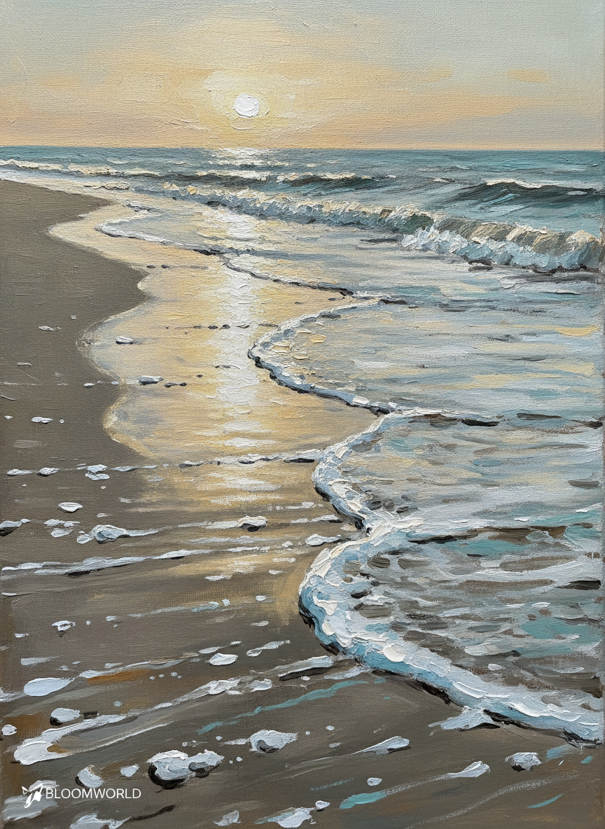Tide on Wet Sand Large Beach Canvas Art, Living Room Decor, Gift