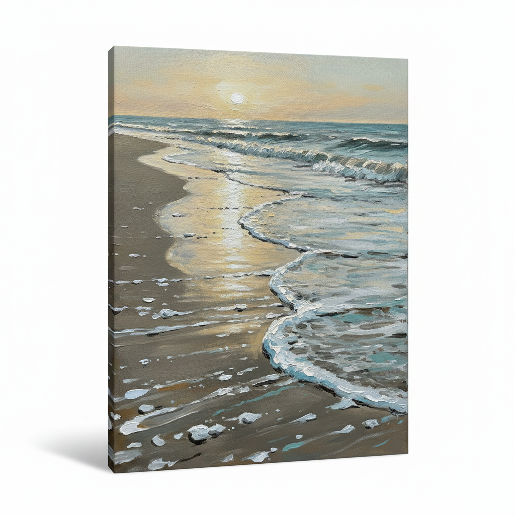 Tide on Wet Sand Large Beach Canvas Art, Living Room Decor, Gift