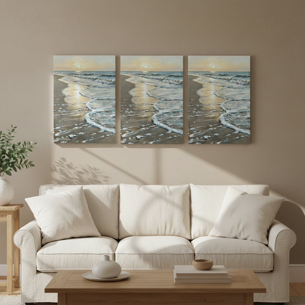 Tide on Wet Sand Large Beach Canvas Art, Living Room Decor, Gift