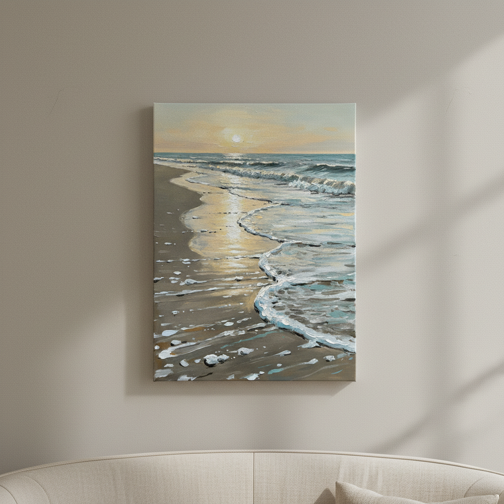 Tide on Wet Sand Large Beach Canvas Art, Living Room Decor, Gift