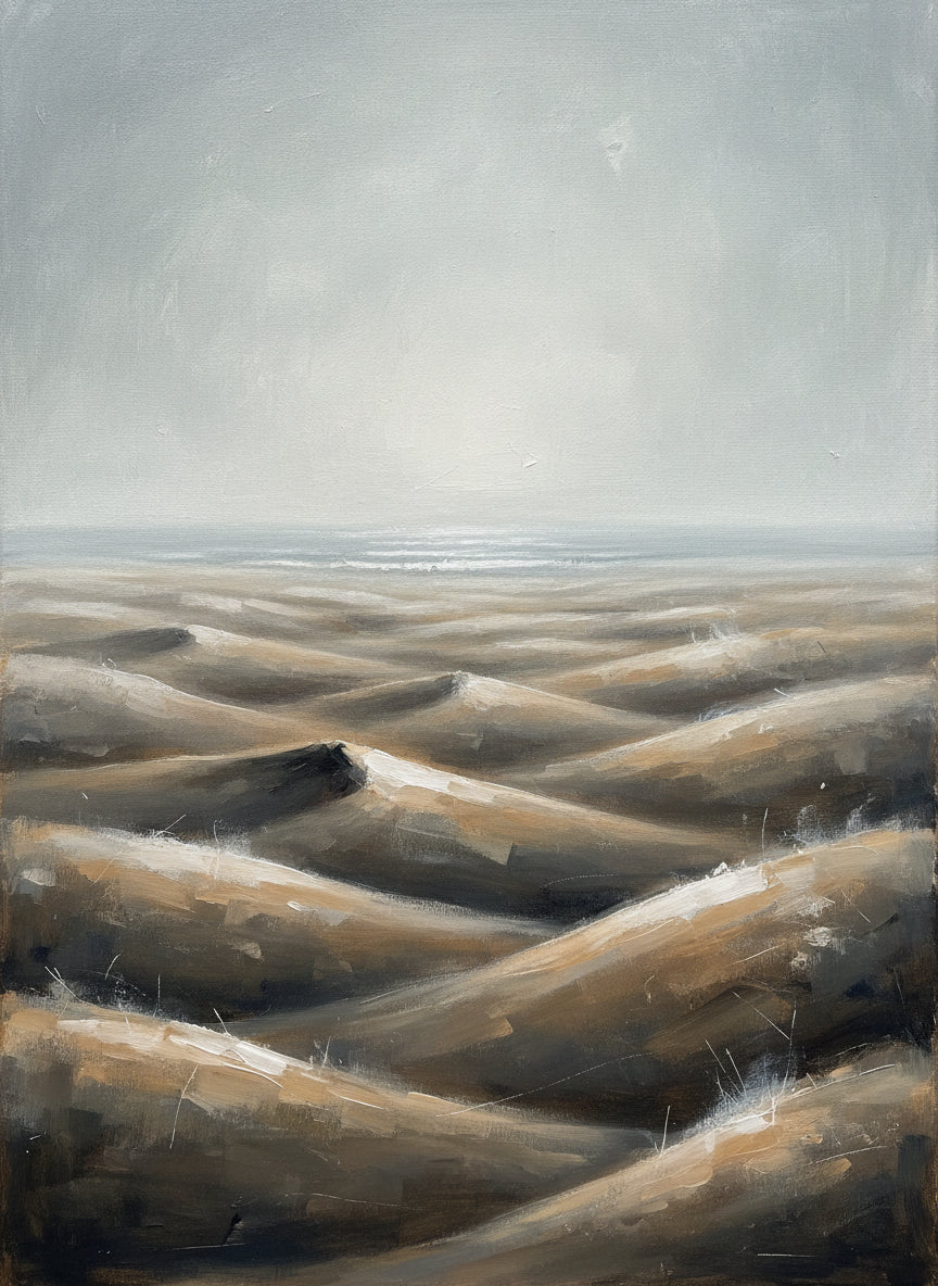 Sand Dunes in Fog Beach Wall Art — beach house decor, beach wall art, full artwork view, coastal seascape canvas wall art print | BloomWorld Art