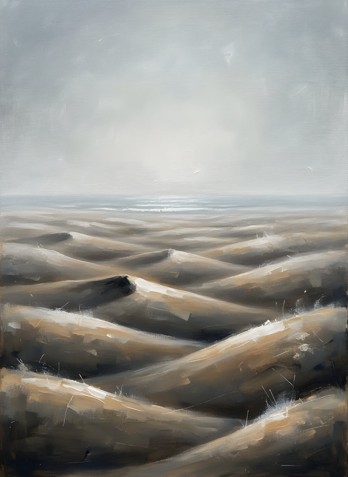 Sand Dunes in Fog Beach Wall Art — beach house decor, beach wall art, full artwork view, coastal seascape canvas wall art print | BloomWorld Art