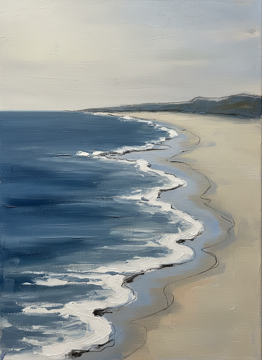 Quiet Tide Line Beach Wall Art — bathroom wall art, beach house decor, full artwork view, coastal seascape canvas wall art print | BloomWorld Art