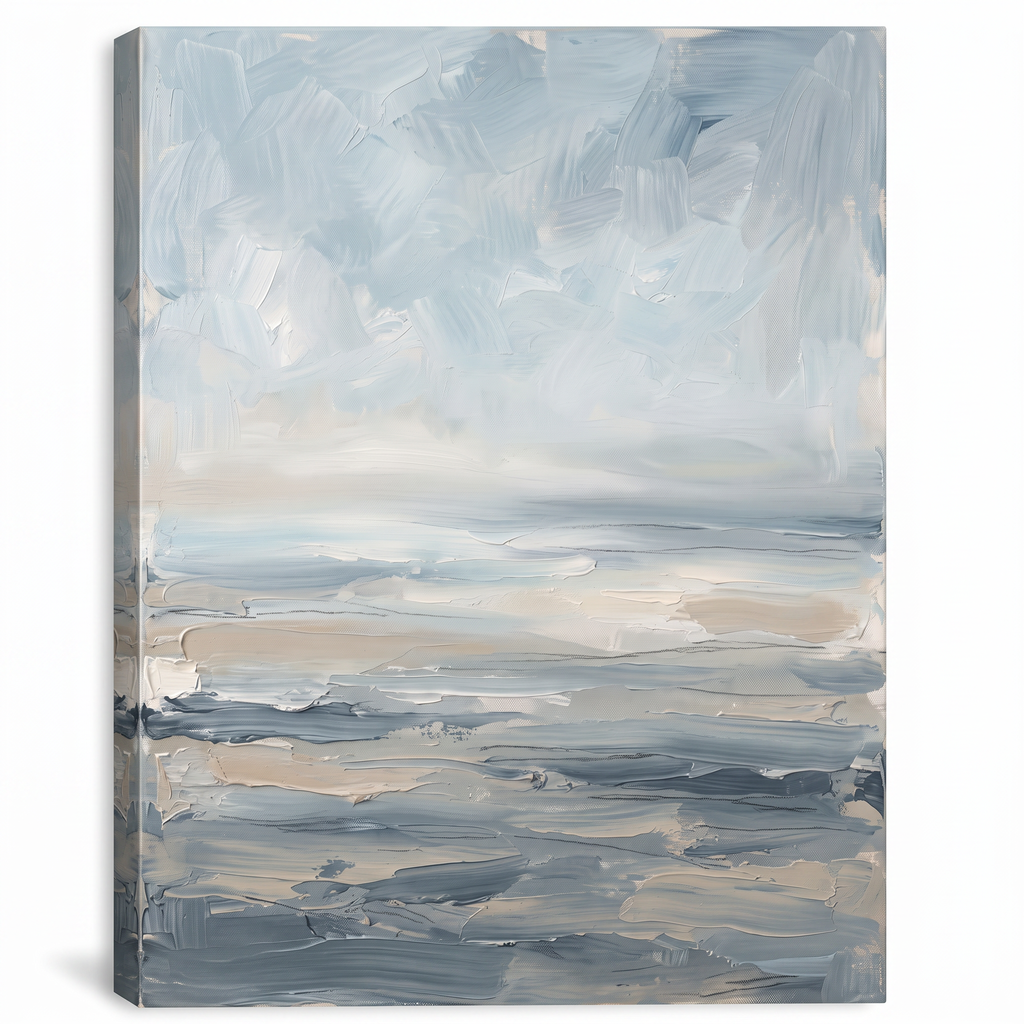 Misty Horizon Seascape Canvas — canvas wall art, coastal, canvas wall art shown on a wall in a styled interior, view C1 (coastal seascape) | BloomWorld Art