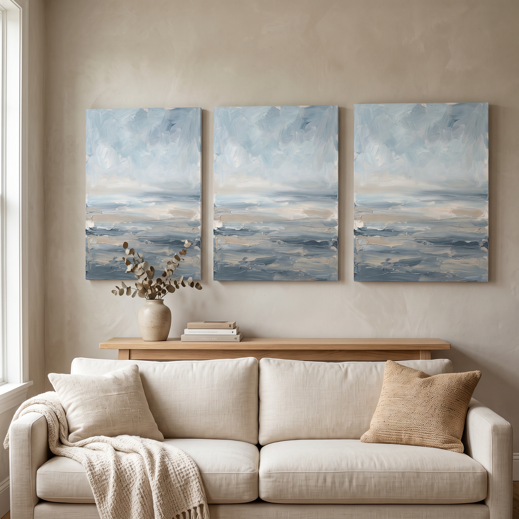Misty Horizon Seascape Canvas — canvas wall art, coastal, canvas wall art shown on a wall in a styled interior, view C3 (coastal seascape) | BloomWorld Art