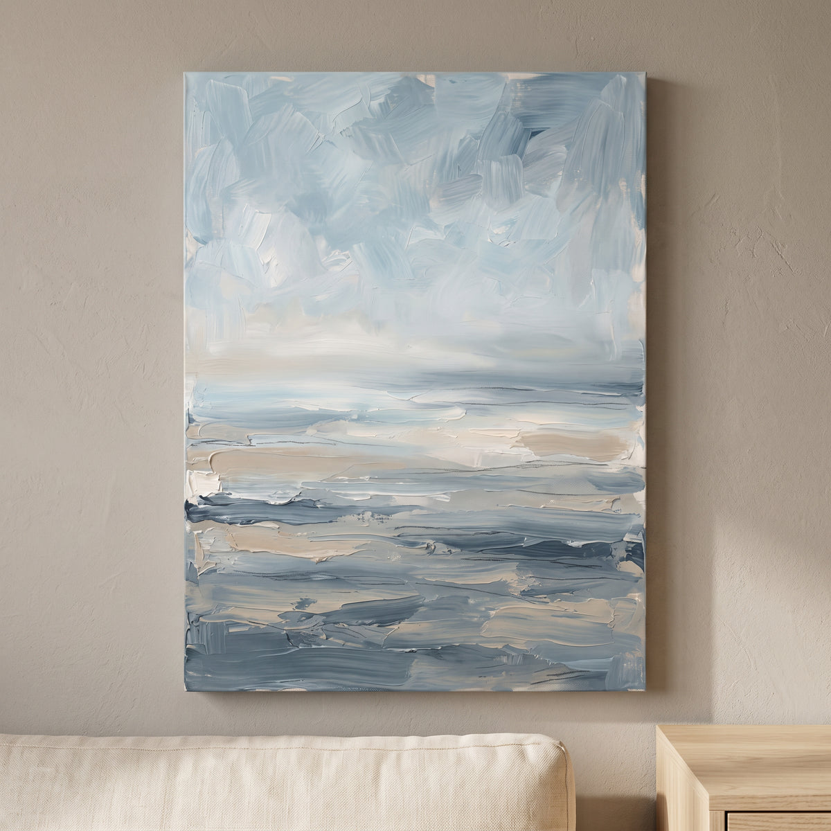 Misty Horizon Seascape Canvas — canvas wall art, coastal, canvas wall art shown on a wall in a styled interior, view C8 (coastal seascape) | BloomWorld Art