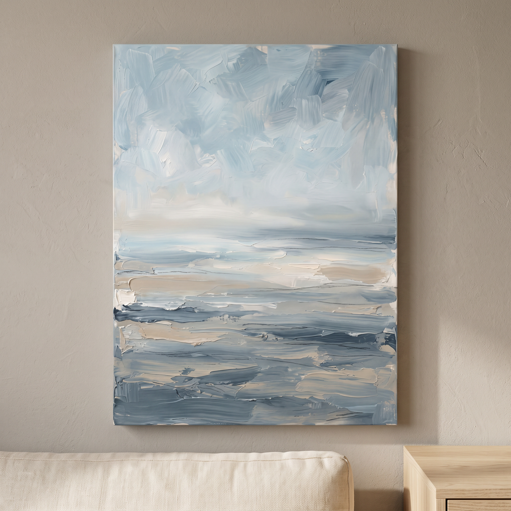 Misty Horizon Seascape Canvas — canvas wall art, coastal, canvas wall art shown on a wall in a styled interior, view C8 (coastal seascape) | BloomWorld Art