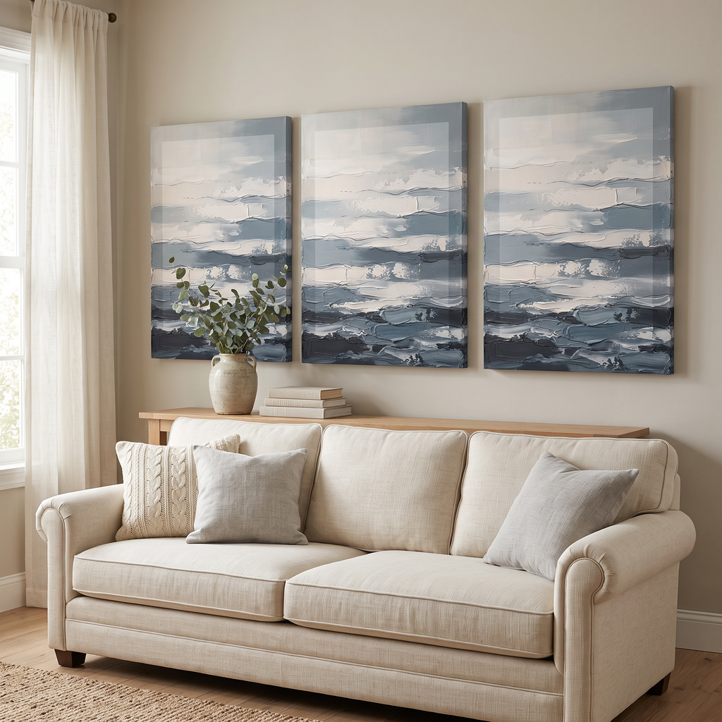 Layered Ocean Tones Abstract Canvas — canvas wall art, coastal, canvas wall art shown on a wall in a styled interior, view C3 (coastal seascape) | BloomWorld Ar