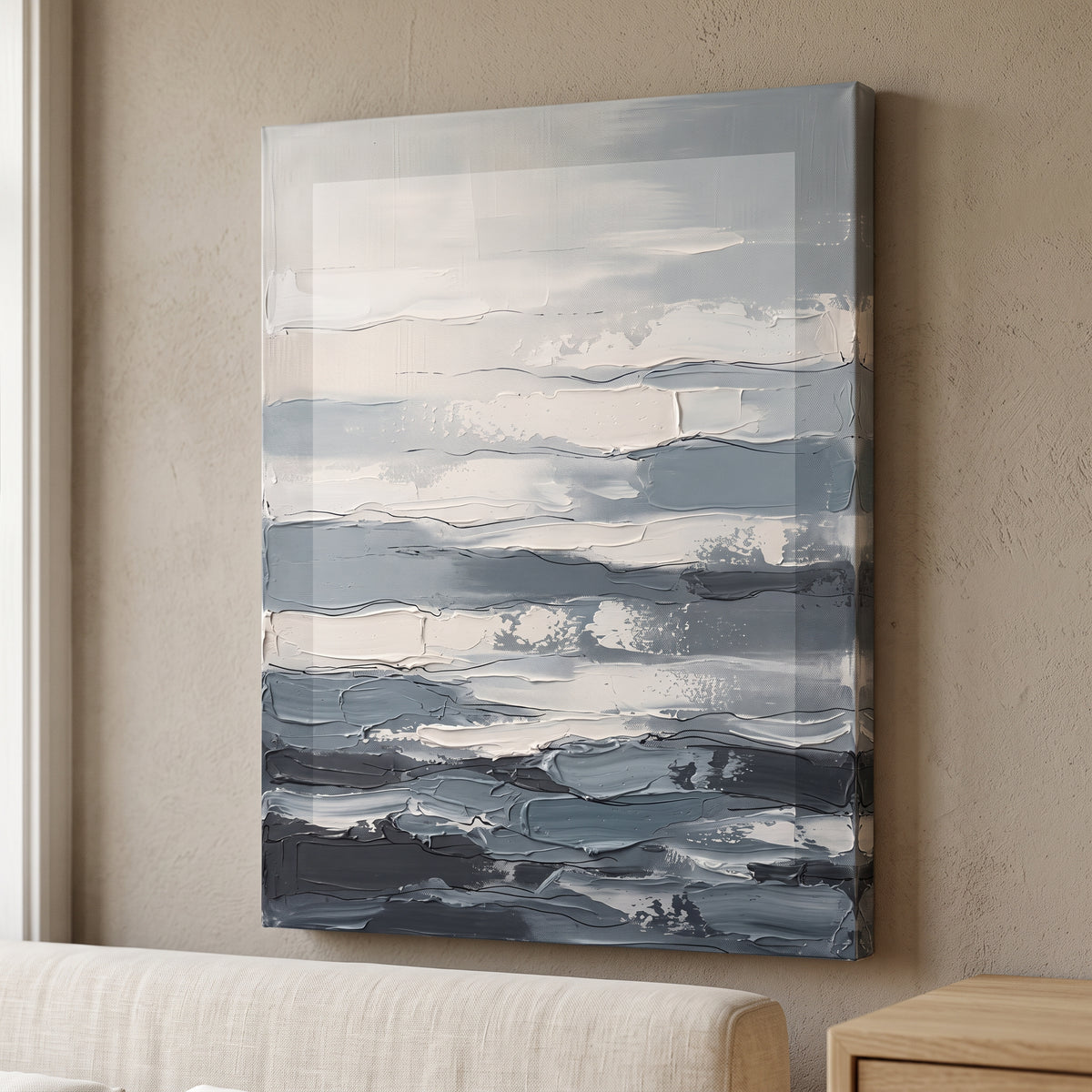 Layered Ocean Tones Abstract Canvas — canvas wall art, coastal, canvas wall art shown on a wall in a styled interior, view C8 (coastal seascape) | BloomWorld Ar