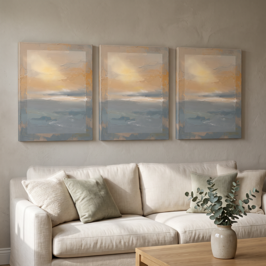 Coastal Dusk Glow Canvas — canvas wall art, coastal, canvas wall art shown on a wall in a styled interior, view C3 (coastal seascape) | BloomWorld Art