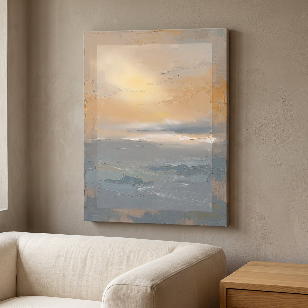Coastal Dusk Glow Canvas — canvas wall art, coastal, canvas wall art shown on a wall in a styled interior, view C8 (coastal seascape) | BloomWorld Art