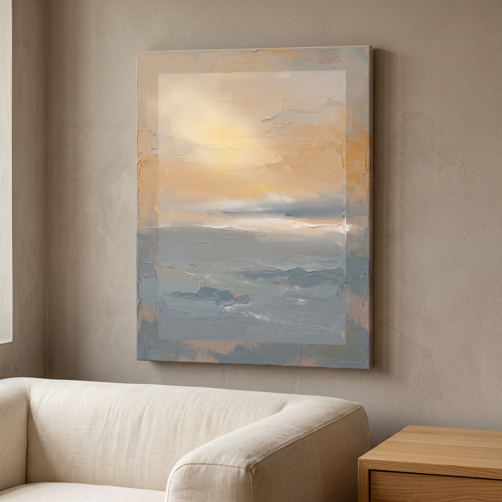 Coastal Dusk Glow Canvas — canvas wall art, coastal, canvas wall art shown on a wall in a styled interior, view C8 (coastal seascape) | BloomWorld Art