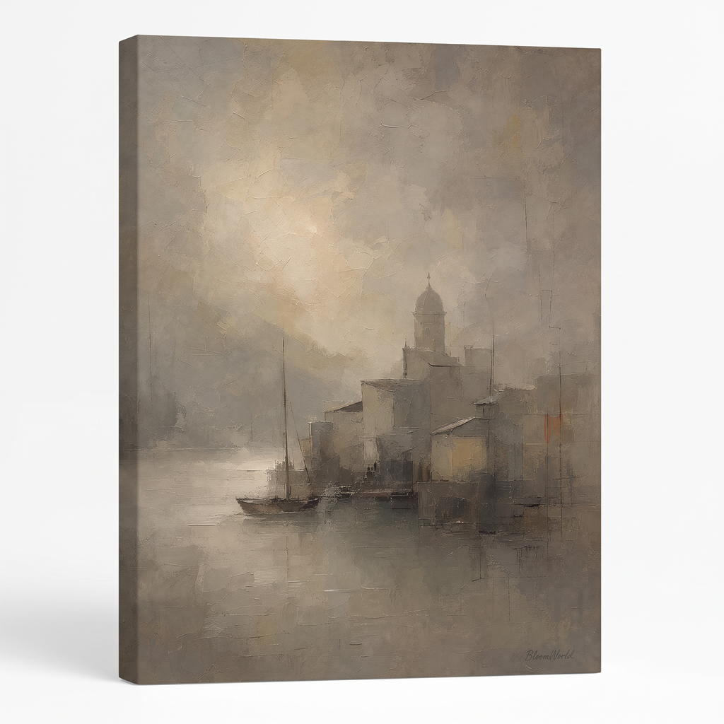 Sailboat In Sea Fog Canvas — beach house decor, bedroom decor, canvas wall art shown on a wall in a styled interior, view C1 (coastal seascape) | BloomWorld Art