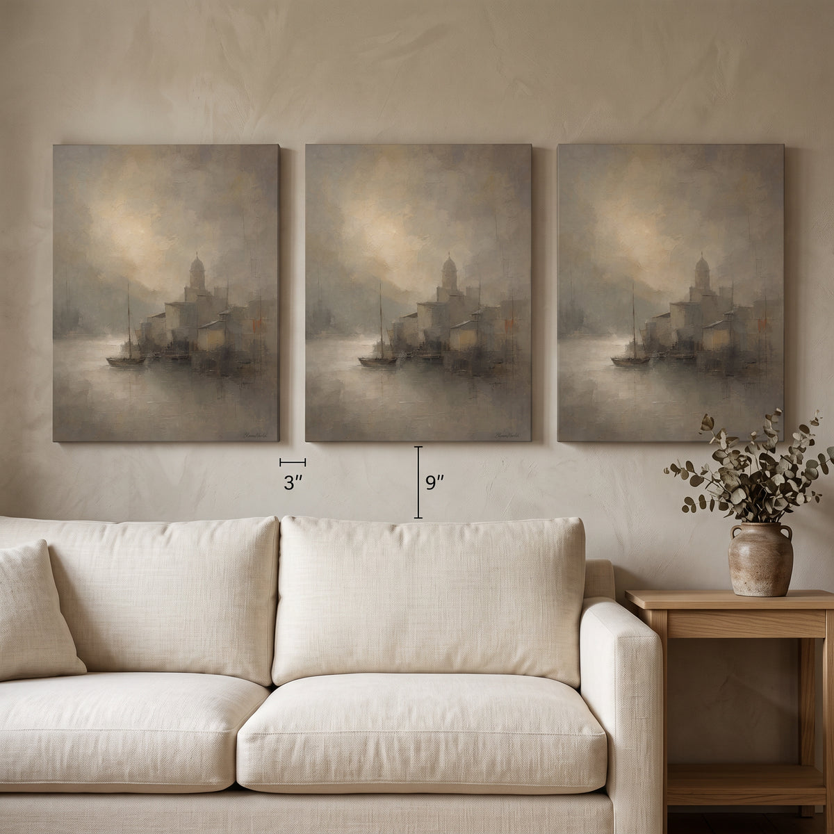 Sailboat In Sea Fog Canvas — beach house decor, bedroom decor, canvas wall art shown on a wall in a styled interior, view C3 (coastal seascape) | BloomWorld Art