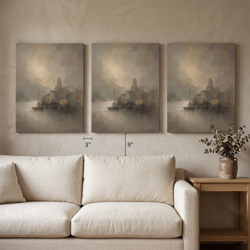 Sailboat In Sea Fog Canvas — beach house decor, bedroom decor, canvas wall art shown on a wall in a styled interior, view C3 (coastal seascape) | BloomWorld Art